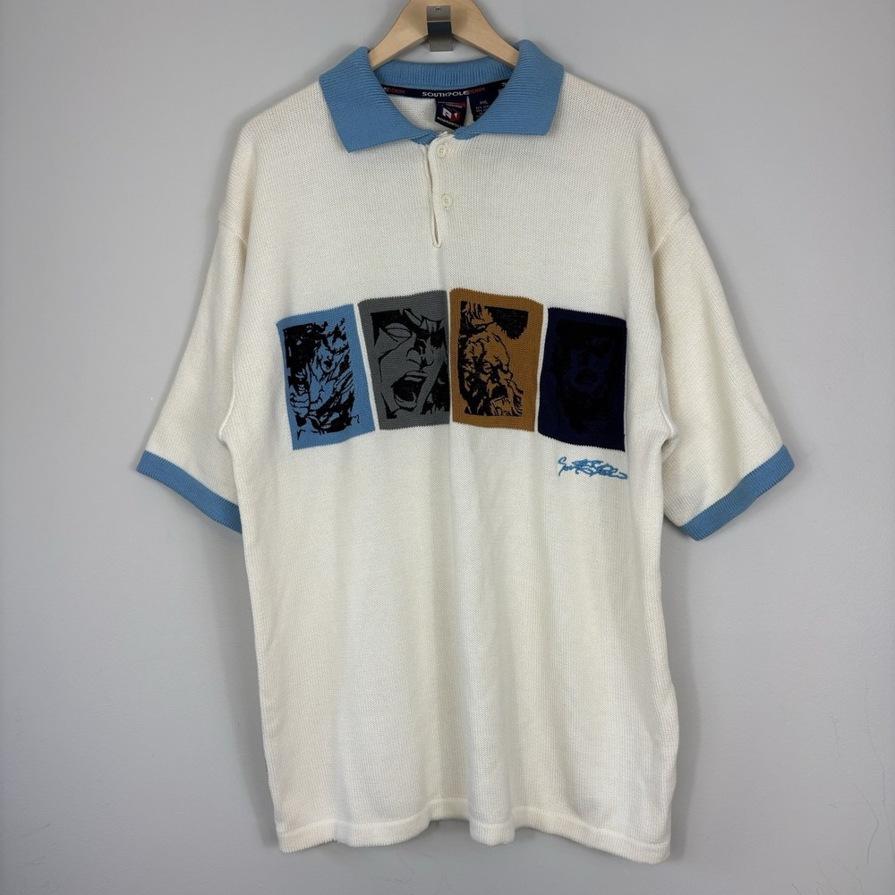 Vtg South Pole Polo Shirt Mens 2XL XXL Embroidered Faces‎ Graphic Streetwear Y2K